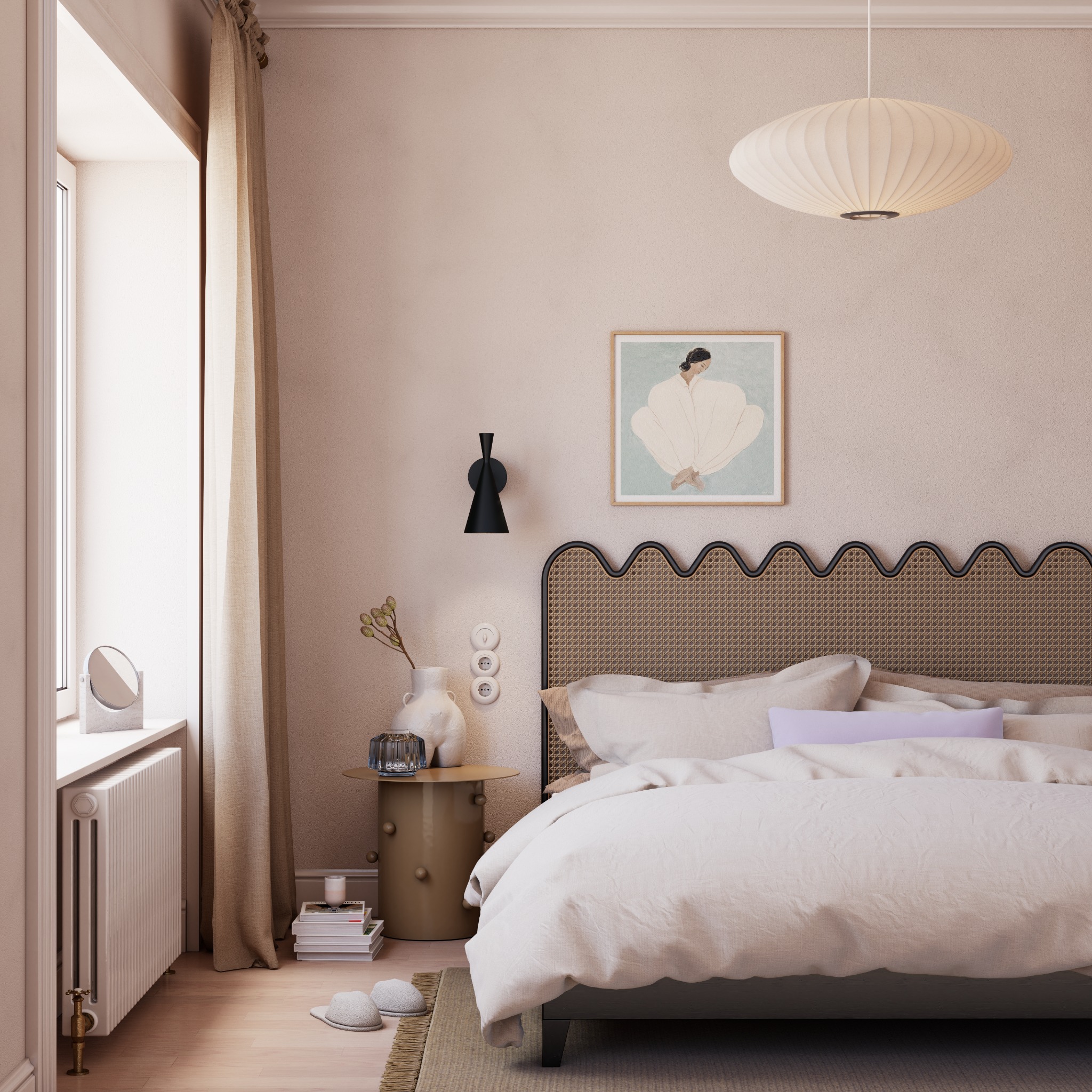 Jasna sypialnia z rattanowym zagłówkiem, lampą wiszącą w stylu retro i minimalistyczną grafiką na ścianie.