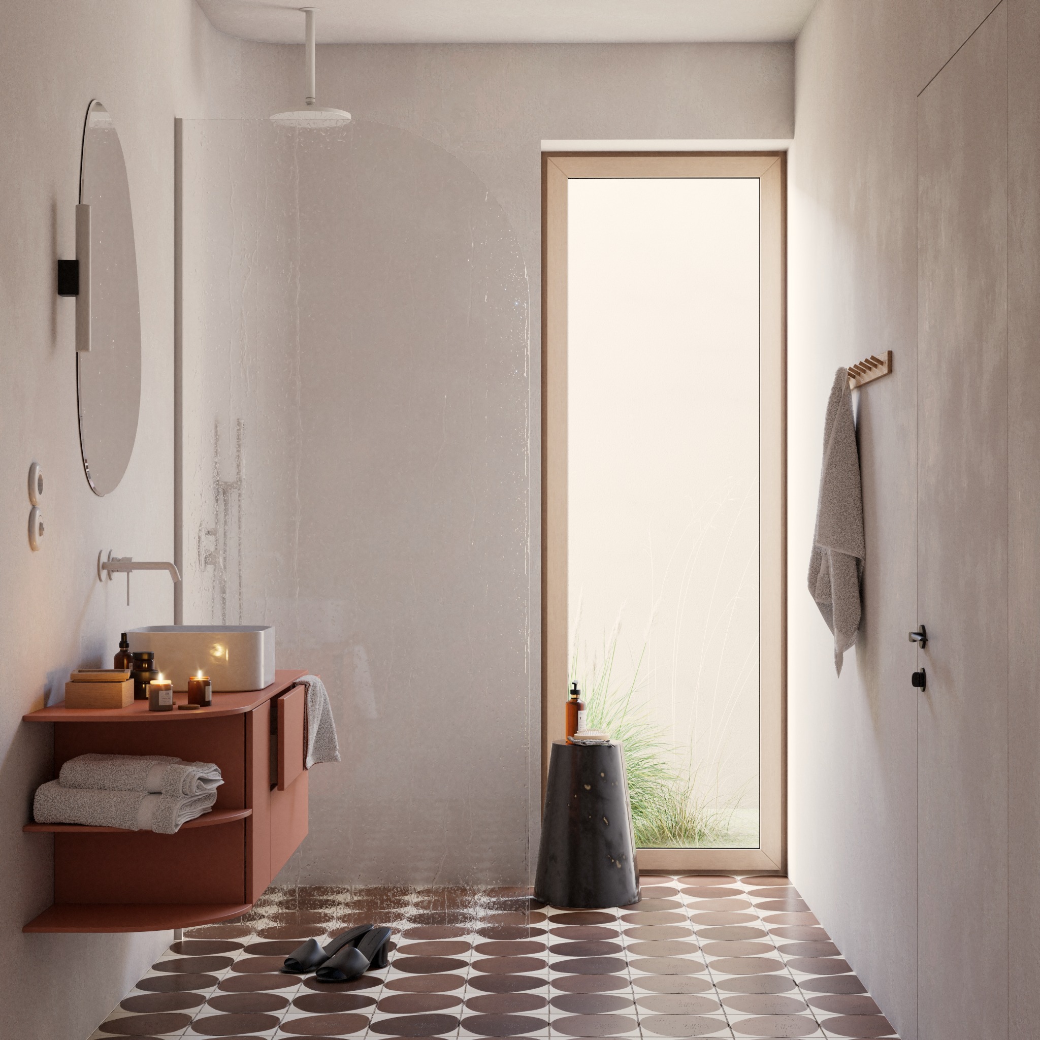 Nowoczesna łazienka z terakotową podłogą w owalny wzór, minimalistyczna umywalka z półkami, okrągłe lustro i widok na zewnątrz przez okno.