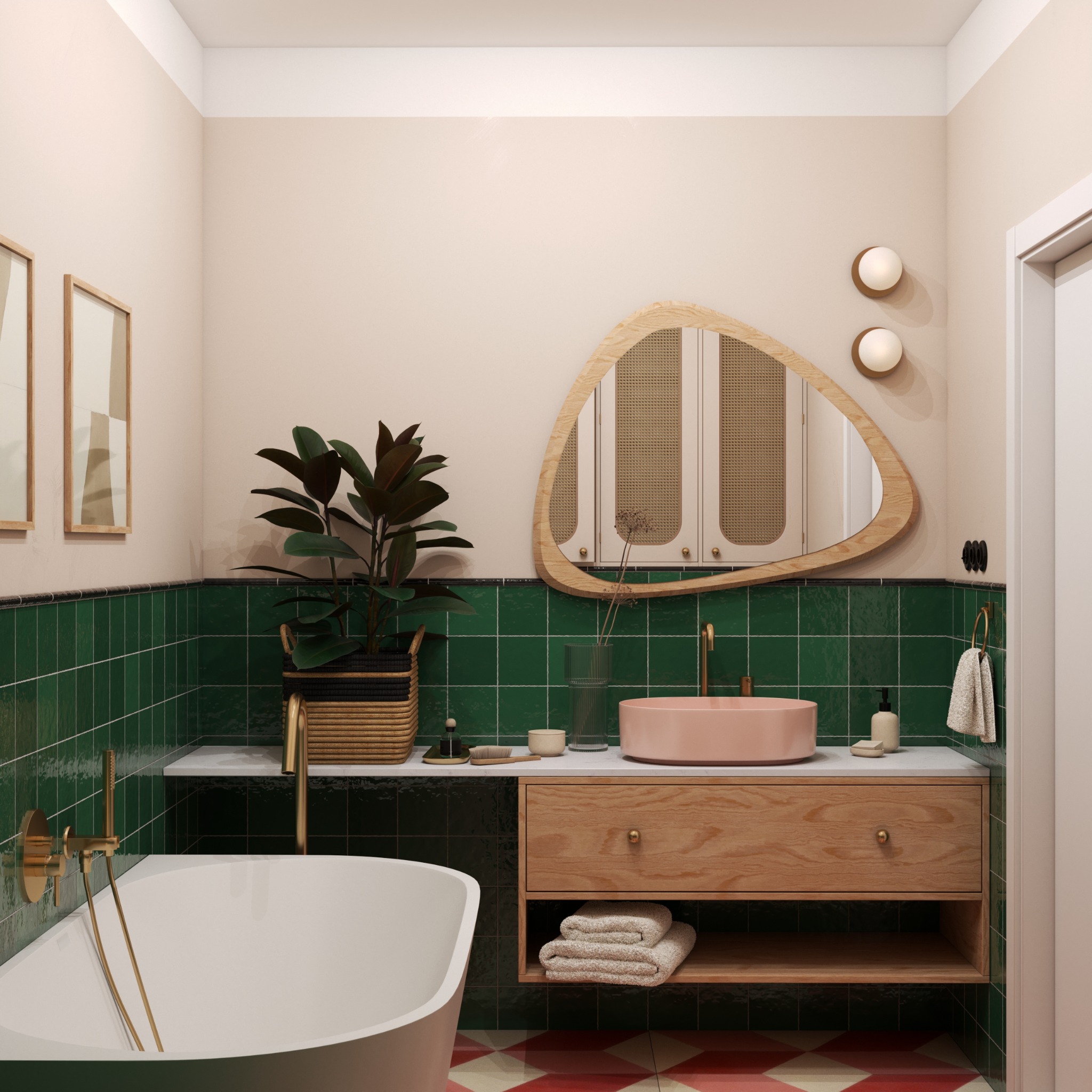 Wnętrze łazienki w stylu retro z zielonymi płytkami, różową umywalką i drewnianymi elementami, uzupełnione o dekoracje roślinne i geometryczny wzór na podłodze.