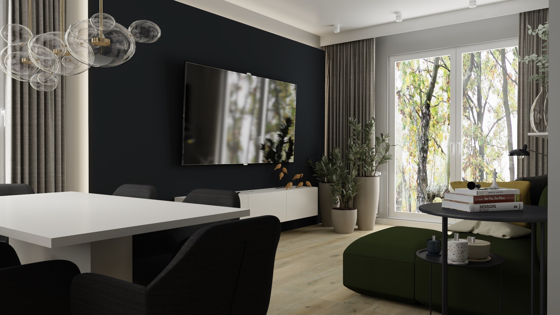 Nowoczesna jadalnia z białym stołem, czarnymi krzesłami i ścianą w kolorze antracytu, oświetlona lampą w stylu bubble i z telewizorem na ścianie.