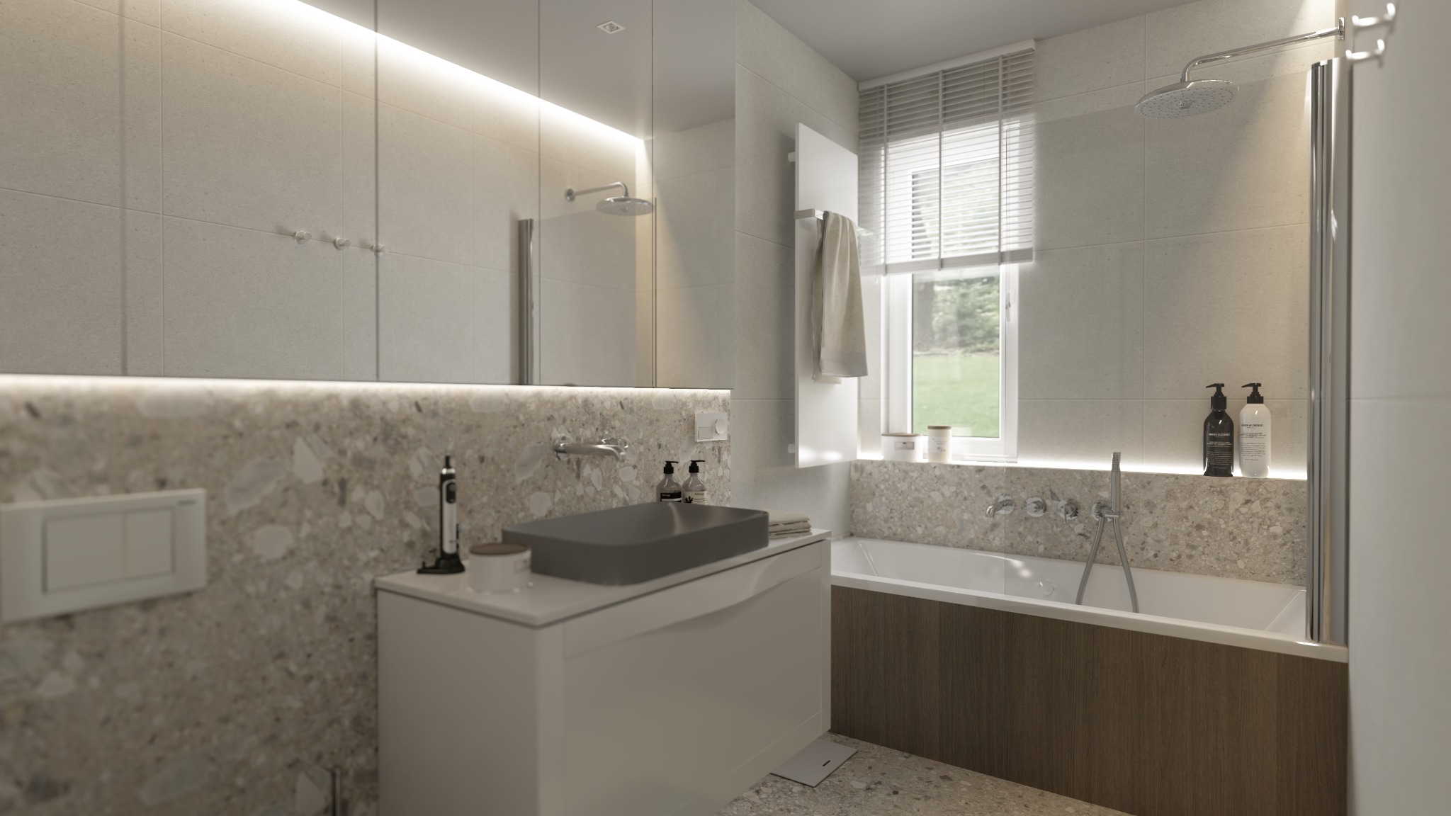 Nowoczesna łazienka z szarą umywalką nablatową, armaturą w kolorze chromu, wanną z drewnianą obudową i oknem z żaluzjami.