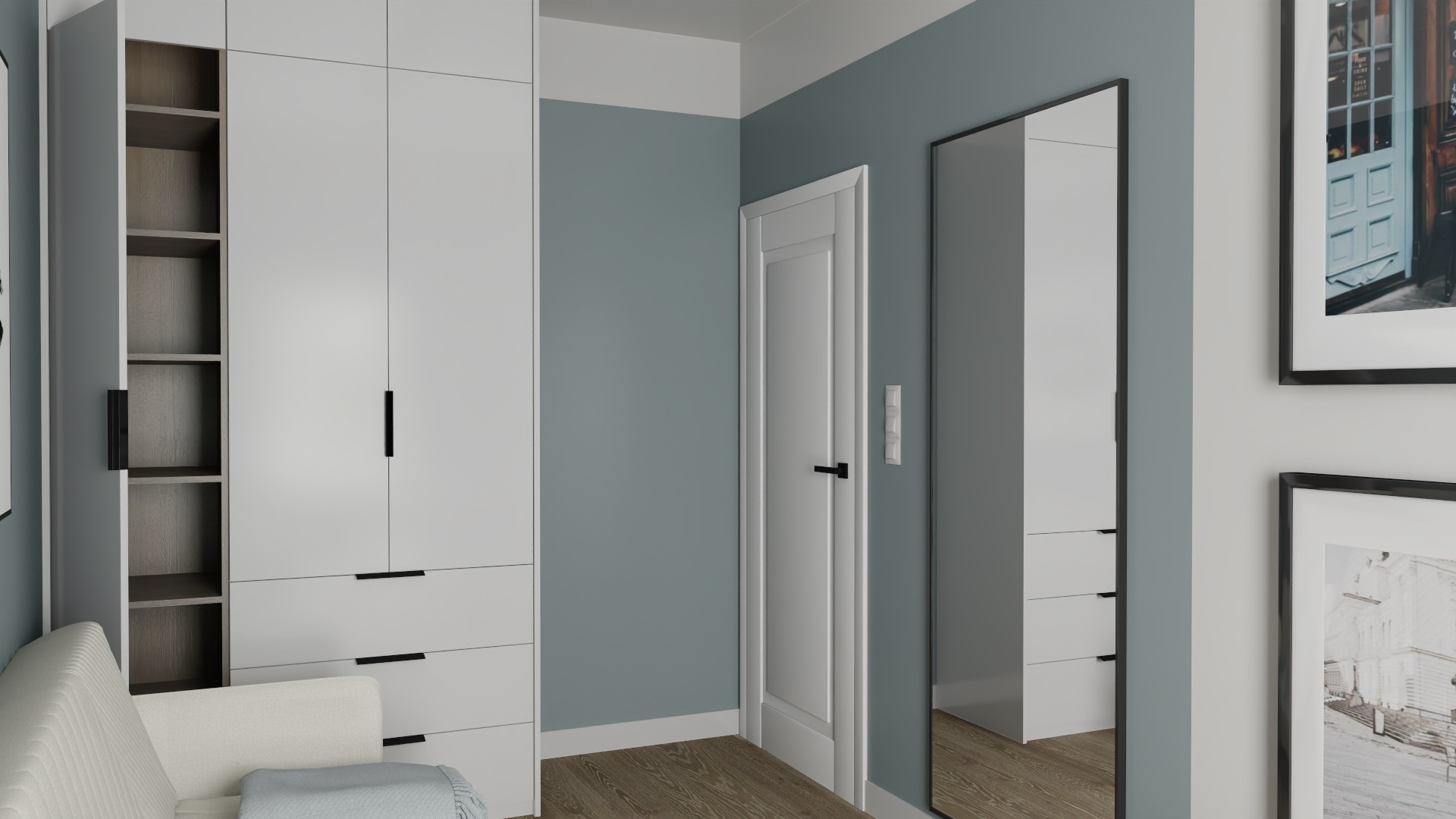 Wizualizacja pokoju z białymi meblami: szafa z otwartymi półkami, drzwi, lustro w czarnej ramie, fragment sofy z kocem, obrazy na ścianie w szaro-niebieskim odcieniu.