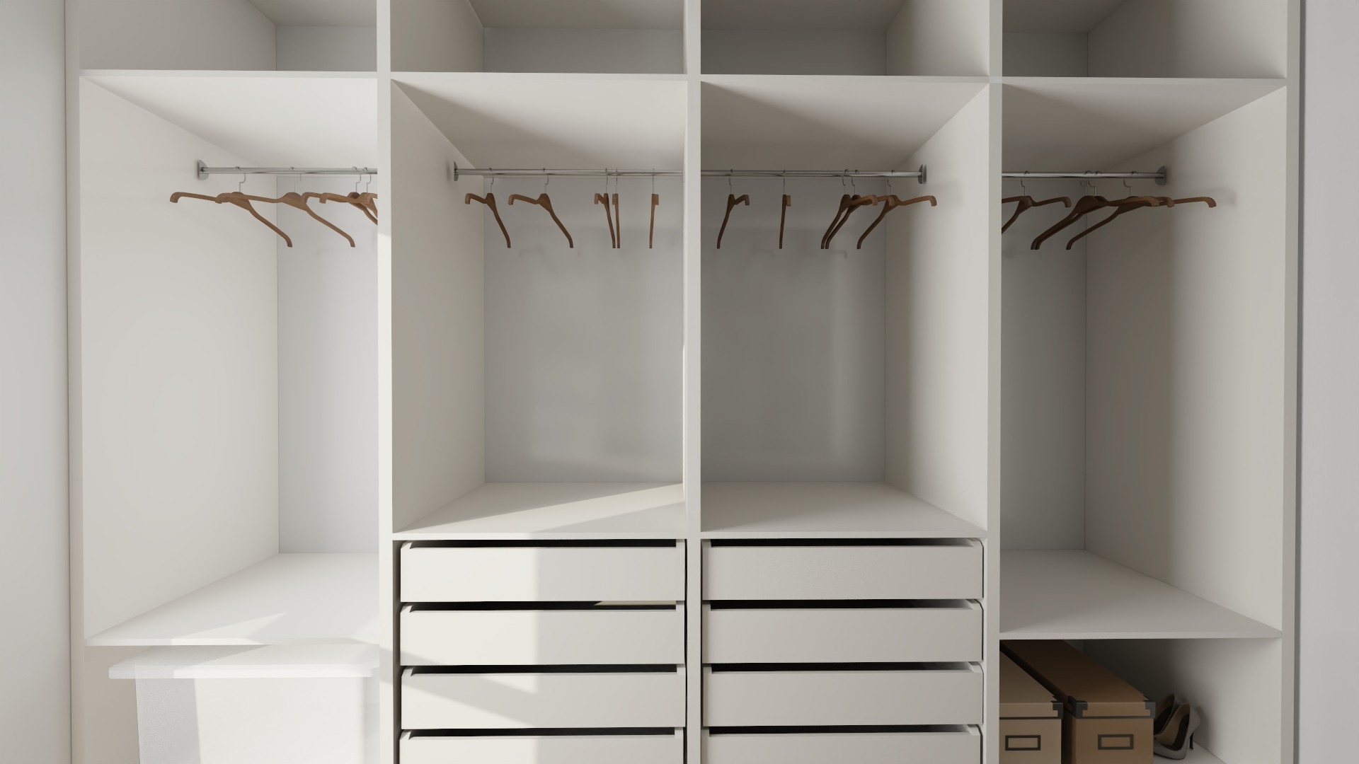 Wnętrze białej, nowoczesnej garderoby z drewnianymi wieszakami, szufladami i półkami, z pudełkami i butami na dolnej półce.