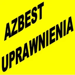 Żółte tło z ukośnym napisem 'AZBEST UPRAWNIENIA' czarną czcionką.