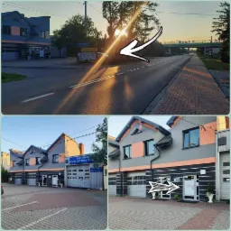Kolaż przedstawiający budynek stacji kontroli pojazdów z zewnątrz, widok z różnych perspektyw, w tym ujęcie ulicy z zachodzącym słońcem.
