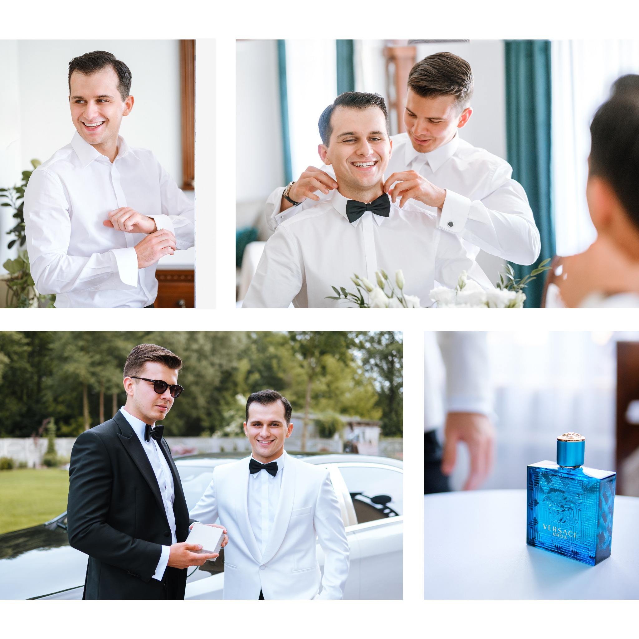 Kolaż z przygotowań pana młodego: zapinanie mankietów, pomoc w zawiązywaniu muchy, pozowanie z świadkiem w smokingu przed białym samochodem, flakon perfum Versace Eros.
