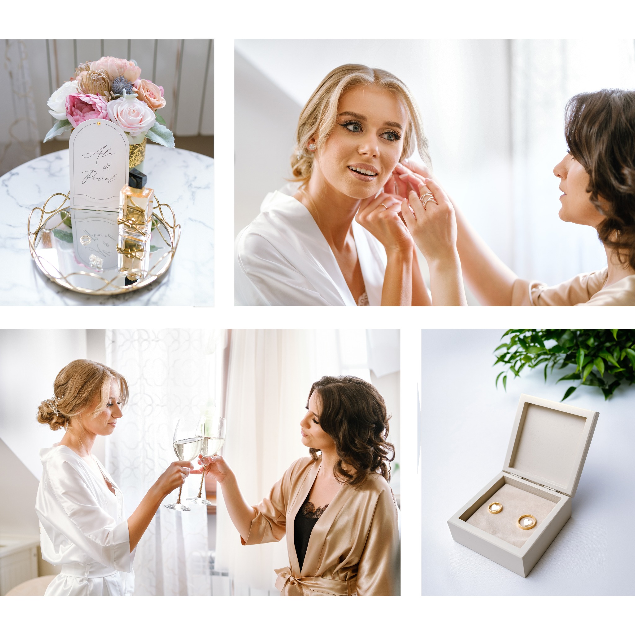 Kolaż zdjęć: bukiet z imienną kartką, kobieta w szlafroku zakładająca kolczyk, dwie kobiety w szlafrokach wznoszące toast szampanem, pudełko z obrączkami z motywem serca.