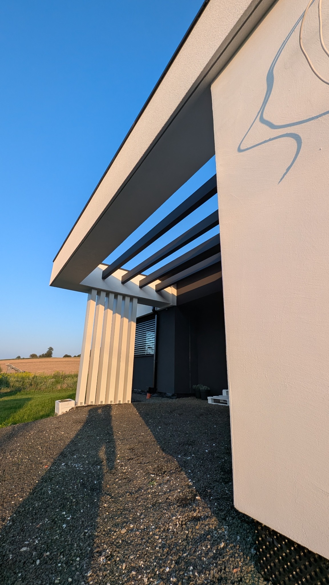 Nowoczesny dom z jasną elewacją i elementami dekoracyjnymi w postaci cieni na ścianie. Widoczne elementy konstrukcyjne z ciemnego drewna i jasne pionowe panele.