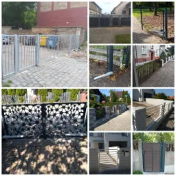 Kompilacja zdjęć r&oacute;żnych typ&oacute;w ogrodzeń i bram: panelowe, metalowe, z automatyką, z dekoracyjnymi wzorami, w r&oacute;żnych stylach i kolorach, otoczone zielenią lub elementami architektury.