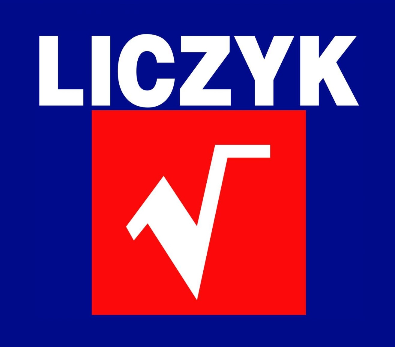 Logo firmy z nazwą 'LICZYK' napisaną białymi literami nad czerwonym kwadratem zawierającym biały symbol pierwiastka kwadratowego, umieszczone na granatowym tle.