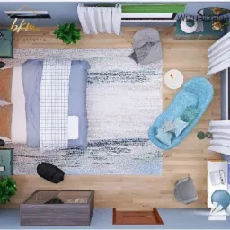 Wizualizacja sypialni z perspektywy lotu ptaka: łóżko z szarą pościelą, wzorzysty dywan, niebieski fotel z poduszkami, stolik nocny, roślina doniczkowa i logo firmy.