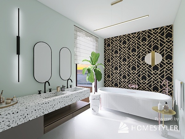 Wizualizacja łazienki z podwójną umywalką na blacie z lastryko, owalnymi lustrami, czarną armaturą, białą wanną na tle ściany z geometrycznym wzorem i widokiem na morze za oknem.