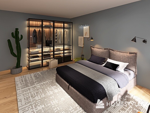 Sypialnia z szarą ścianą, łóżkiem z wezgłowiem obitym tkaniną, dywanem w geometryczne wzory i dużą, podświetlaną szafą z ubraniami, obok której stoi kaktus w doniczce.