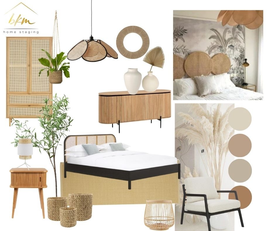 Moodboard wnętrza sypialni w stylu boho z akcentami rattanu, obejmujący łóżko z zagłówkiem z rattanu, komodę z lamelami, szafę z plecionką wiedeńską, okrągłe dekoracje ścienne, lampę wiszącą...