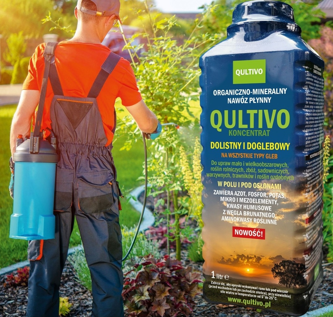 Mężczyzna w ogrodniczkach opryskuje rośliny płynnym nawozem Qultivo, widoczna butelka nawozu z etykietą i opisem.
