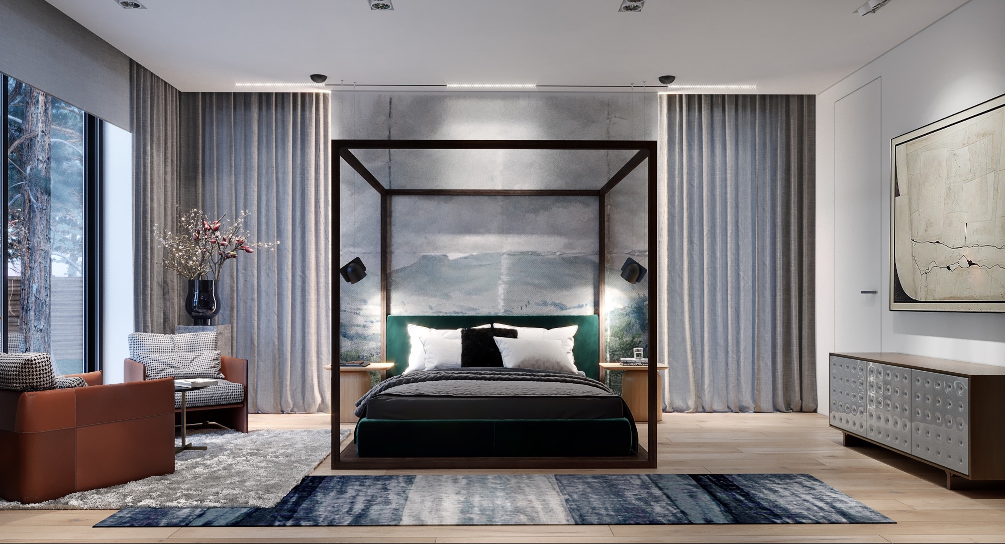 Nowoczesna sypialnia z łóżkiem z baldachimem, szarymi zasłonami i dywanem w odcieniach niebieskiego, uzupełniona brązowym fotelem i komodą z dekoracyjnymi detalami.
