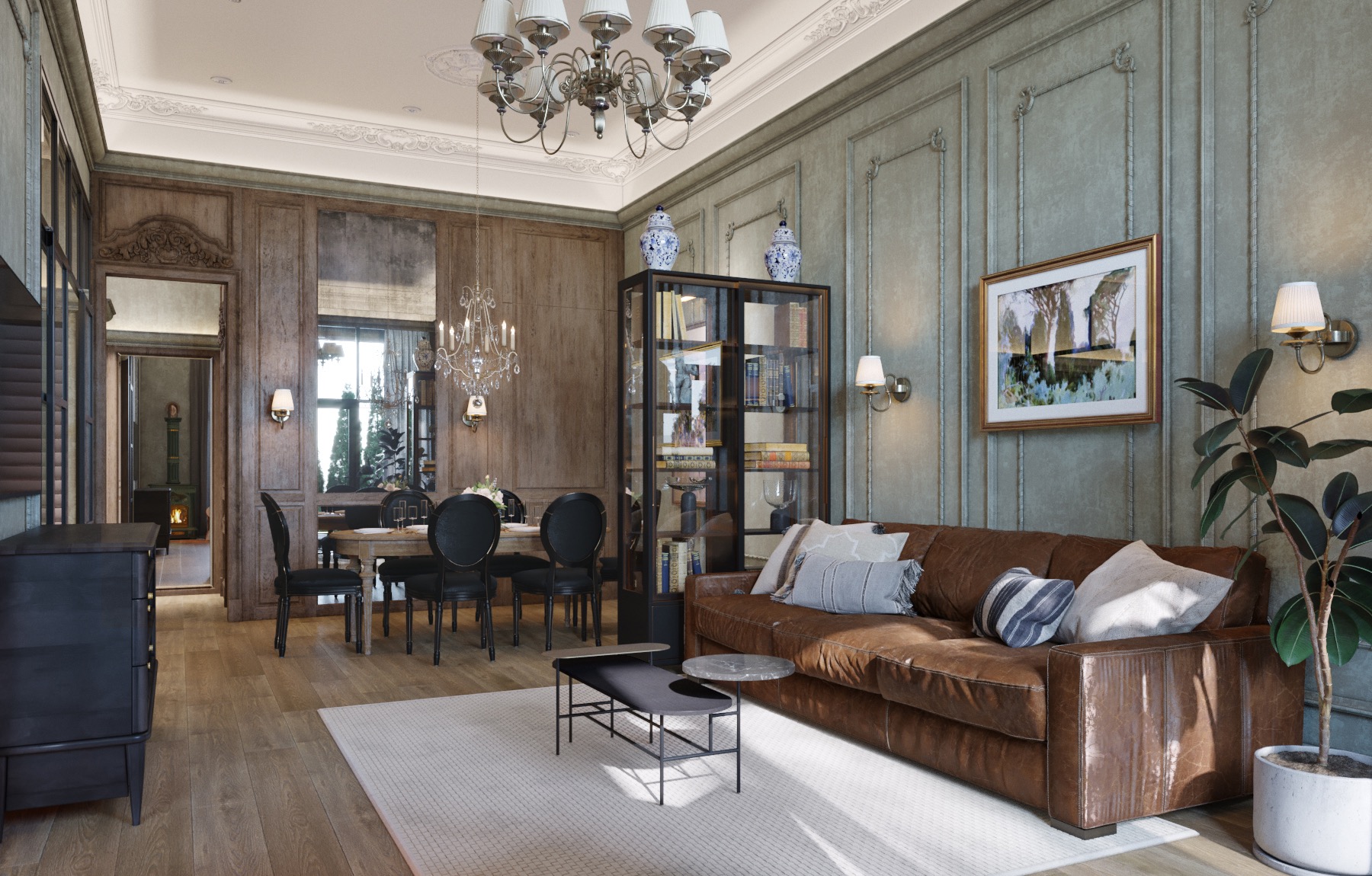 Eleganckie wnętrze salonu z jadalnią w stylu klasycznym: brązowa skórzana sofa z poduszkami, szklana witryna z dekoracyjnymi wazonami, stół jadalny z czarnymi krzesłami, parkiet w jodełkę i dywan...