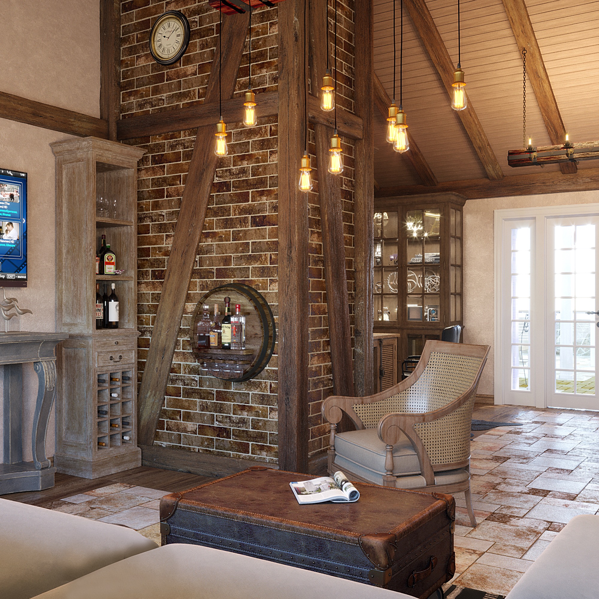 Rustykalne wnętrze z ceglaną ścianą, drewnianymi belkami, barkiem w formie beczki, stylizowanym fotelem i stolikiem-kuferkiem, oświetlone wiszącymi żarówkami edisona.