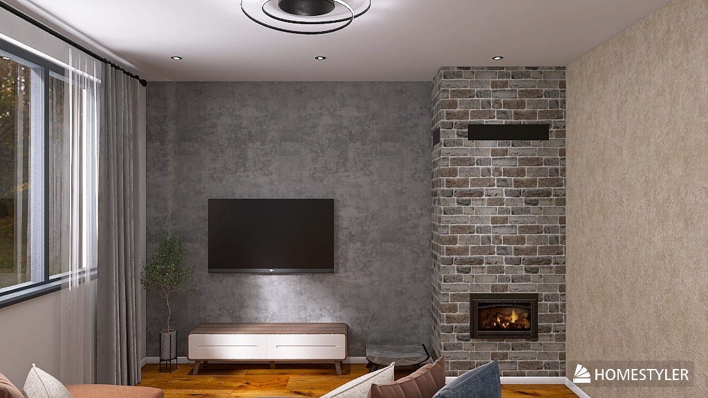 Wizualizacja salonu z kominkiem obłożonym cegłą, telewizorem na szarej ścianie, drewnianą podłogą i nowoczesnym oświetleniem sufitowym.