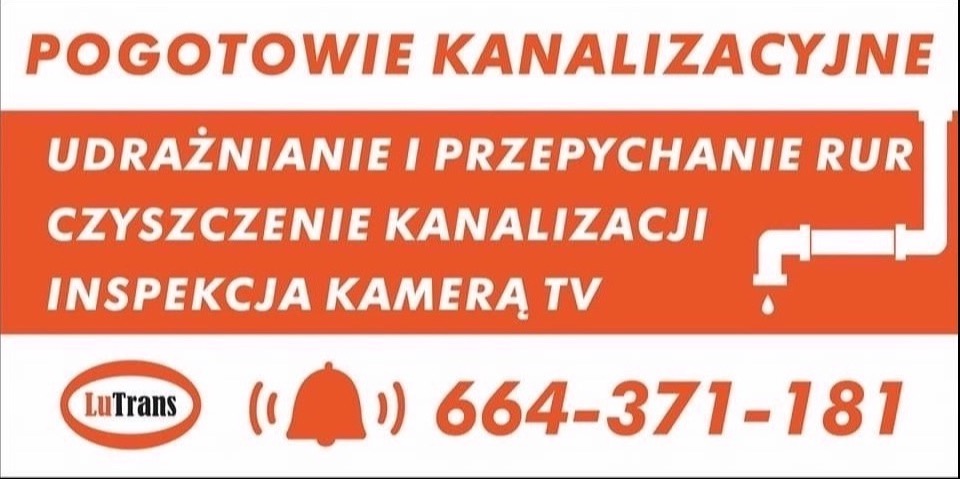Pomarańczowo-biała reklama usług kanalizacyjnych: pogotowie, udrażnianie rur, czyszczenie kanalizacji, inspekcja kamerą TV, logo LuTrans i numer telefonu.