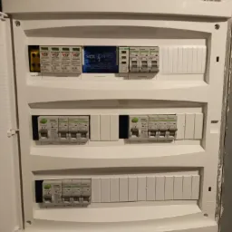 Otwarta skrzynka rozdzielcza z zabezpieczeniami różnicowoprądowymi i ogranicznikami przepięć marki Noark i VCX, widoczne opisy obwodów: salon, kuchnia, zmywarka.