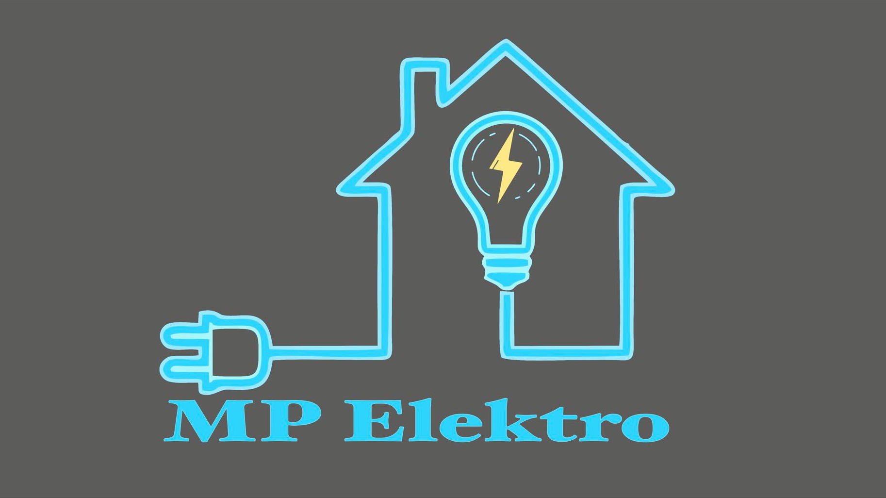 Logo firmy MP Elektro z Krosna przedstawiające schematyczną żarówkę z błyskawicą wewnątrz domu, podłączoną do gniazdka.