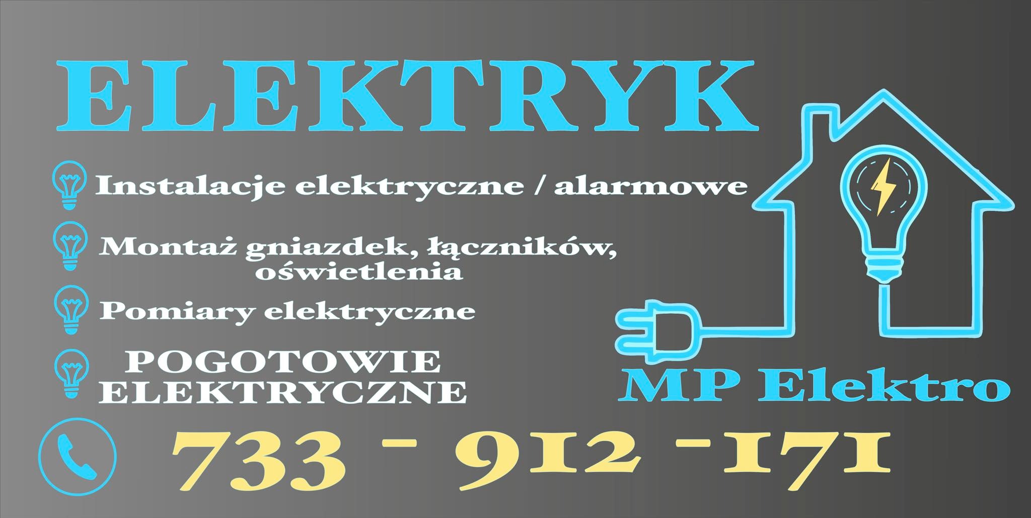 Reklama firmy elektrycznej MP Elektro z niebieskim napisem ELEKTRYK, ikonami żarówek i numerem telefonu na szarym tle.