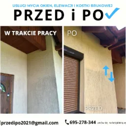 Porównanie ściany budynku przed i po czyszczeniu, widoczna różnica w odcieniu i czystości elewacji, z zaznaczeniem kierunku czyszczenia strzałkami.