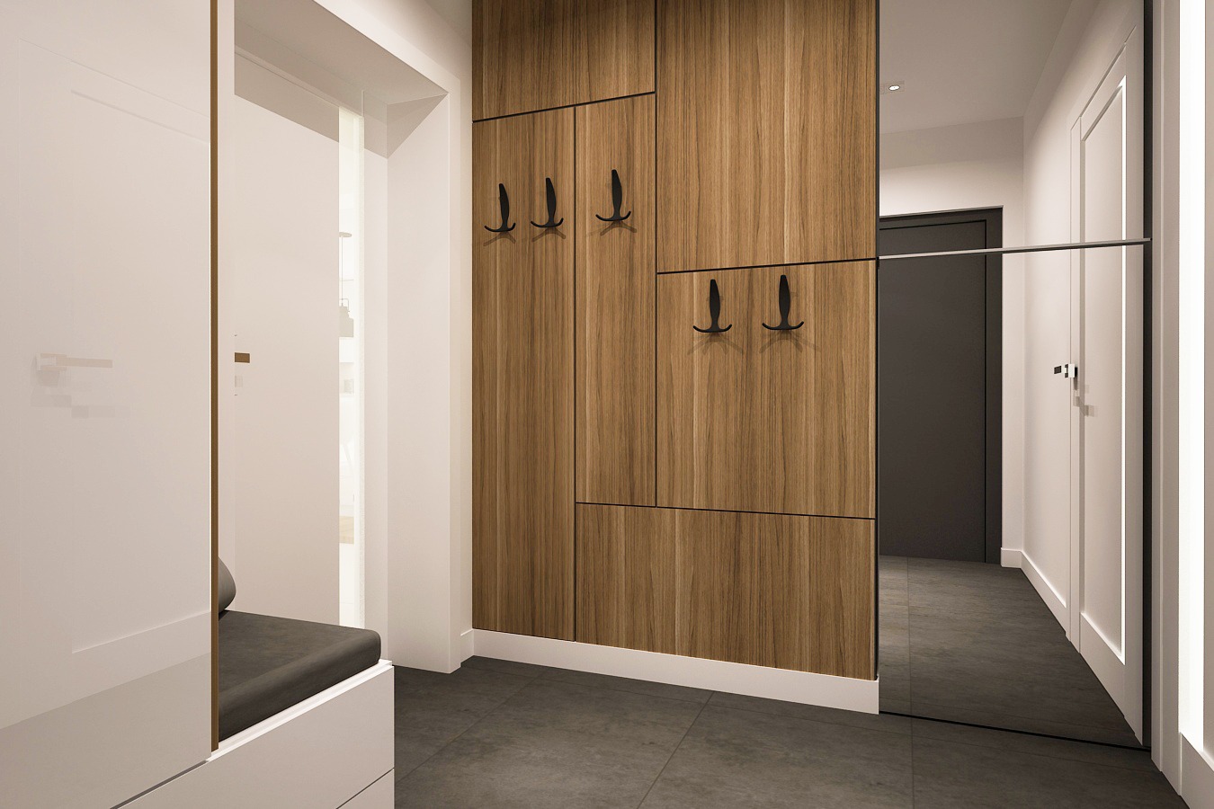 Nowoczesny przedpokój z zabudową z drewnianych paneli z czarnymi wieszakami i siedziskiem, minimalistyczny design.