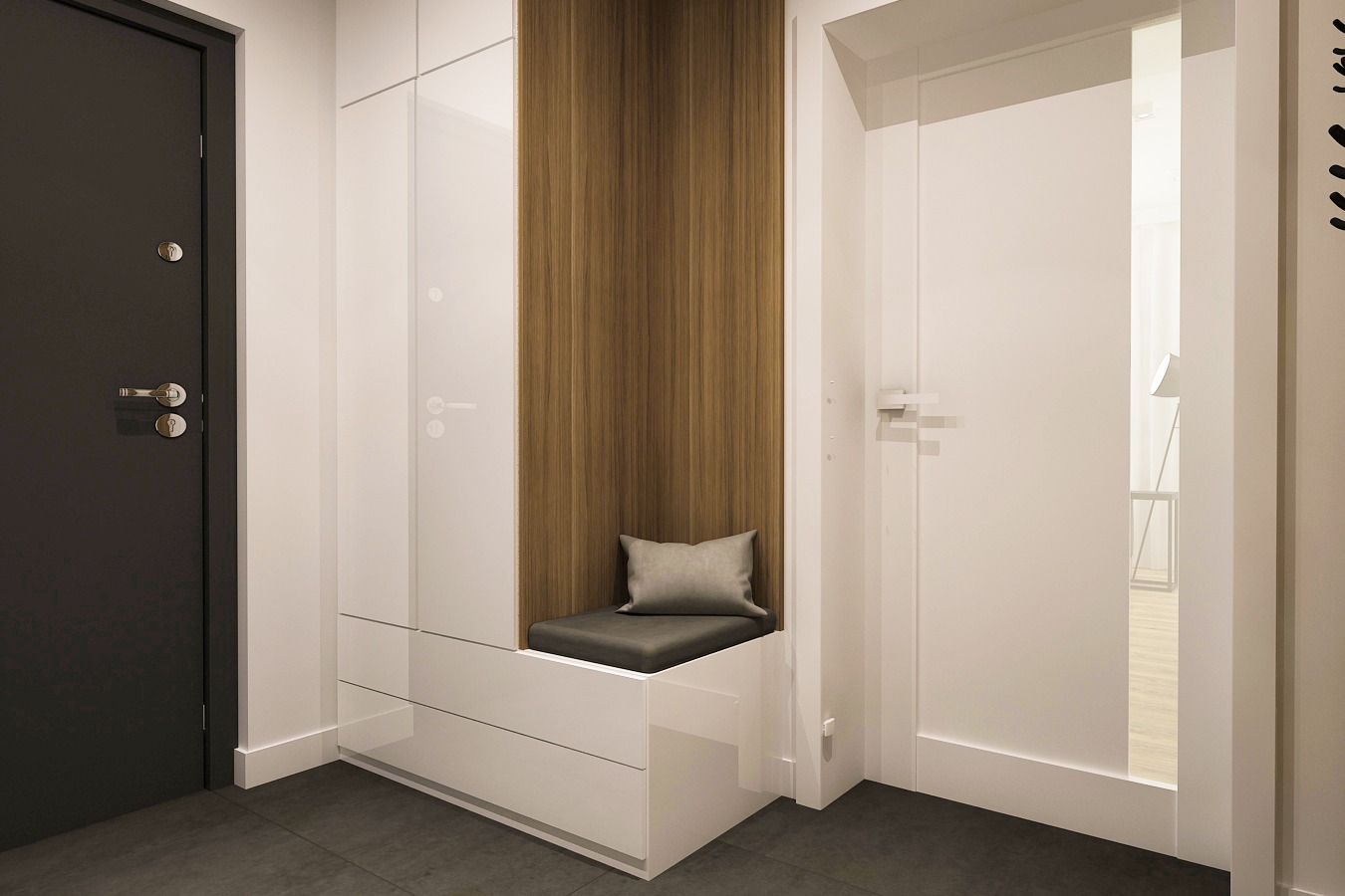 Nowoczesny przedpokój z wbudowaną szafą z drewnianą wnęką i siedziskiem z poduszką, widok na otwarte drzwi do salonu z lampą.