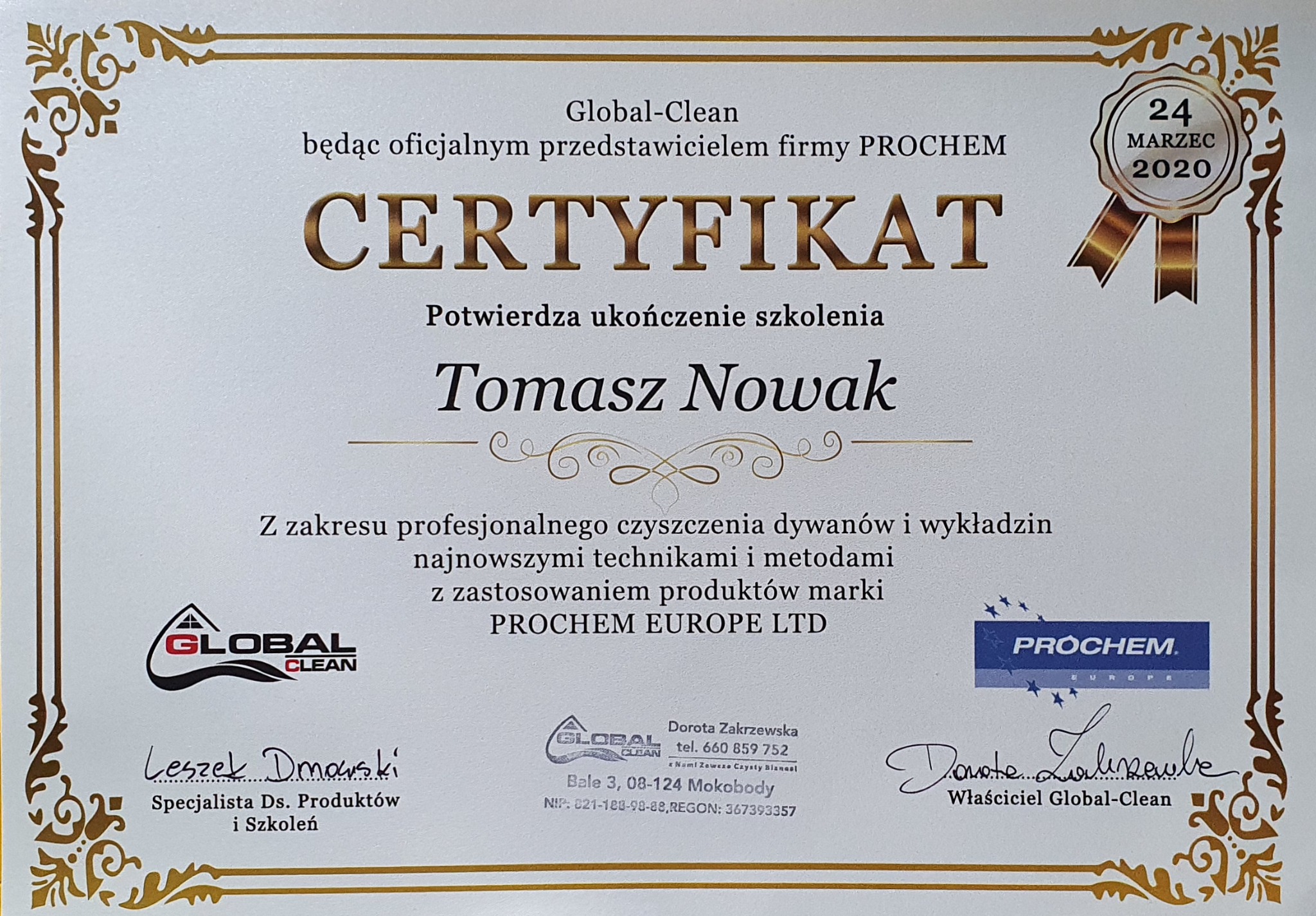 Certyfikat Global-Clean potwierdzający ukończenie szkolenia z profesjonalnego czyszczenia dywanów i wykładzin, wystawiony dla Tomasza Nowaka, 24 marca 2020, z logotypami Global-Clean i Prochem.