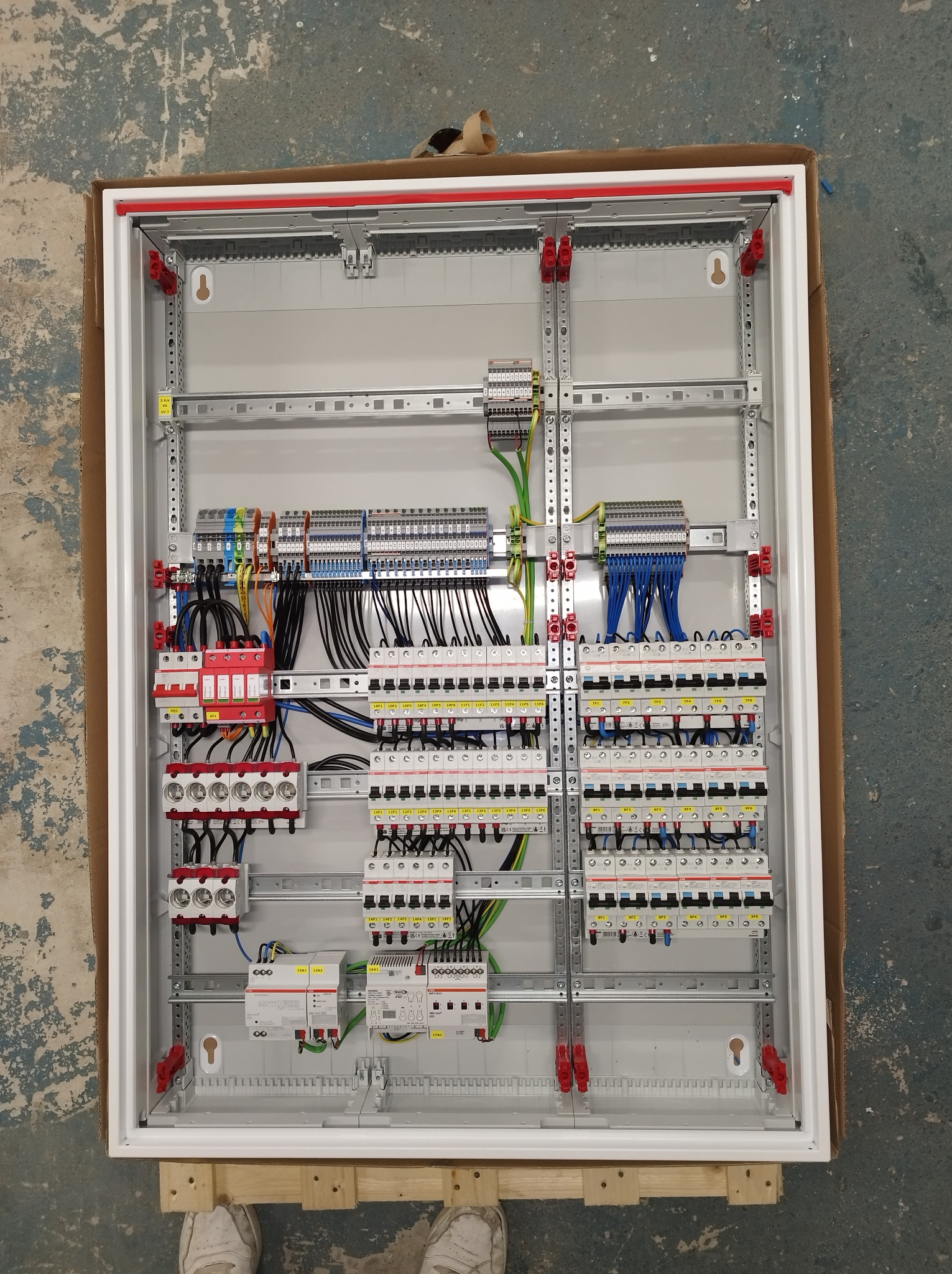 Rozdzielnica elektryczna z zainstalowanymi bezpiecznikami, modułami różnicowoprądowymi i ogranicznikami przepięć, widoczna z góry w kartonowym opakowaniu, z fragmentem butów w dolnej części kadru.