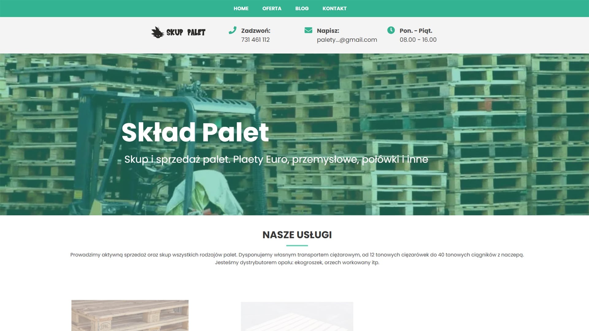 Strona firmowa składu palet z widocznym wózkiem widłowym i stosem palet w tle.