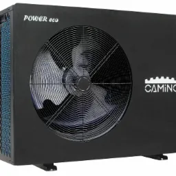 Czarna pompa ciepła z widocznym wentylatorem, napisem 'POWER eco' i logo 'CAMINO', z niebieskimi elementami wewnątrz obudowy.