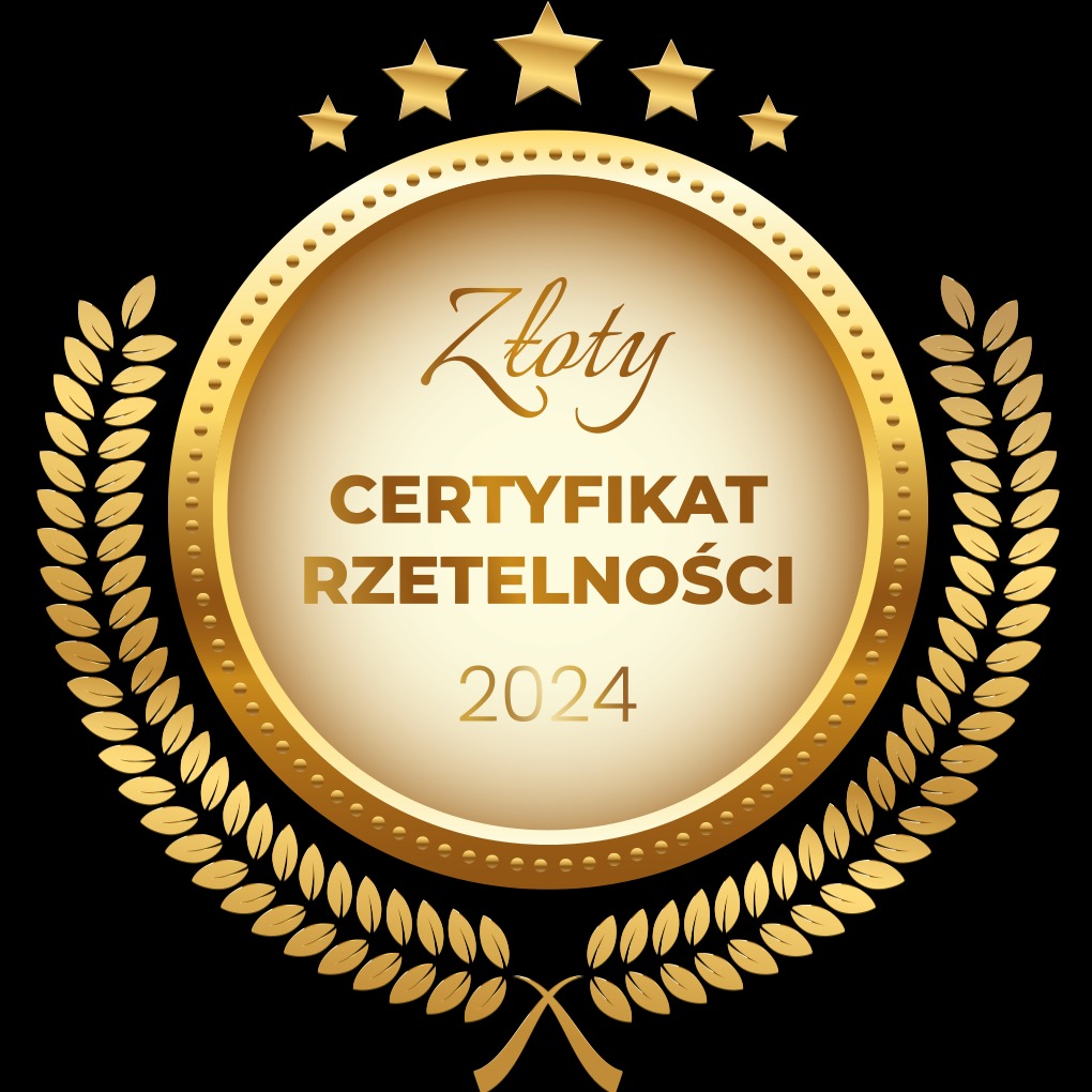 Złoty certyfikat rzetelności 2024 otoczony wieńcem laurowym i pięcioma gwiazdami na czarnym tle.