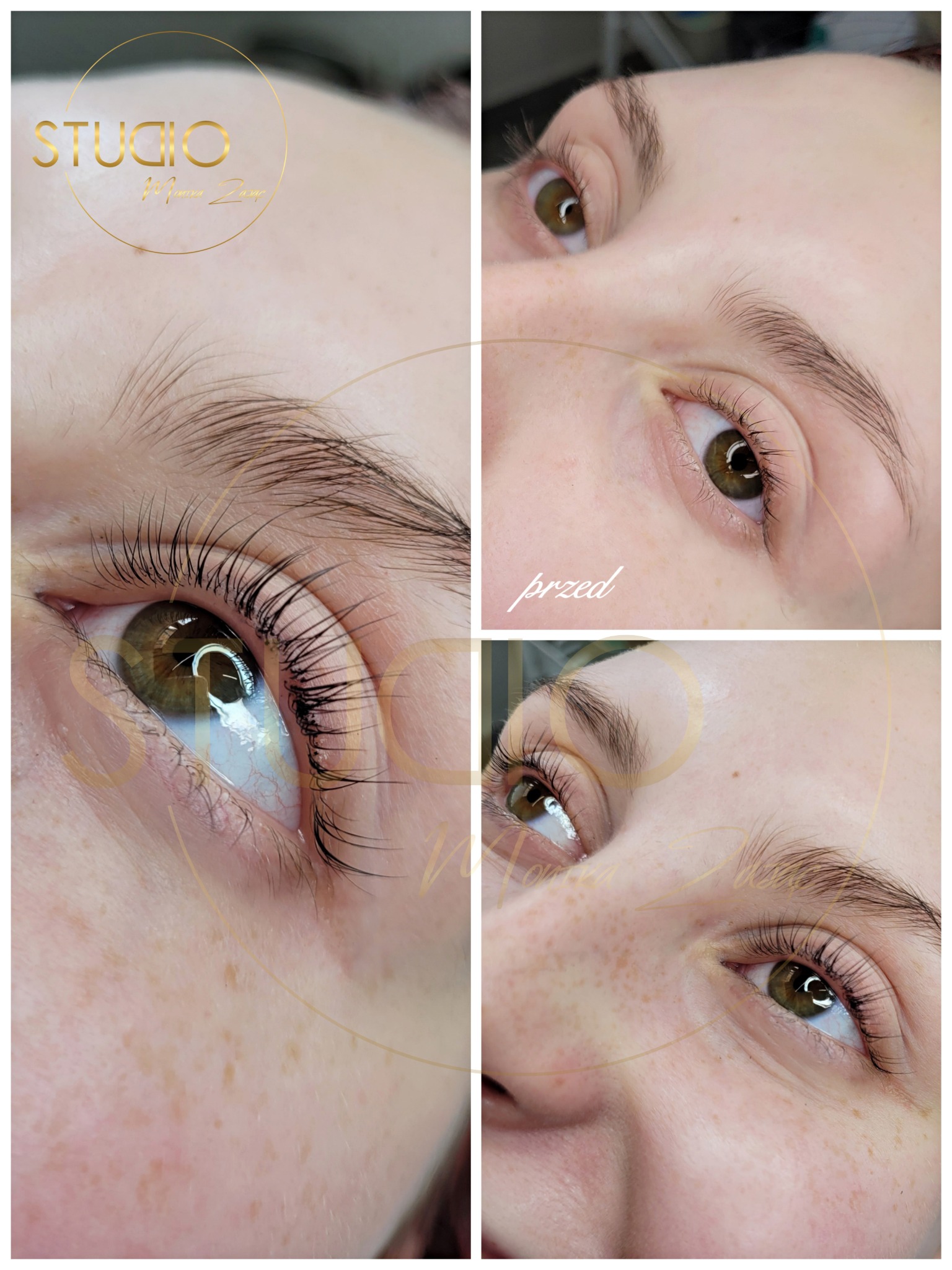 Zestawienie przedłużonych rzęs metodą liftingu, widoczne oko z bliska, z uwzględnieniem piegów na skórze i logotypu salonu w tle.