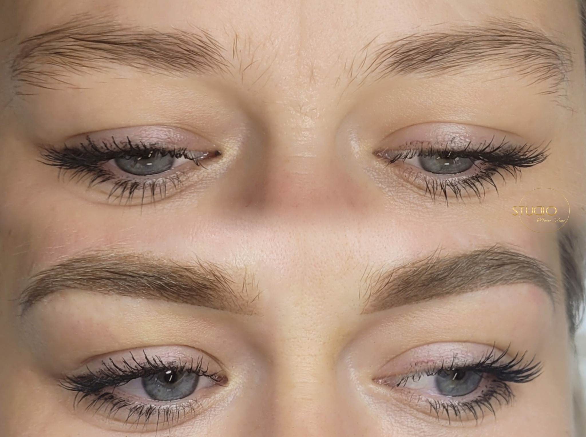 Zbliżenie na oczy kobiety po zabiegu przedłużania rzęs, widoczne delikatne cienie do powiek i naturalny kształt brwi.