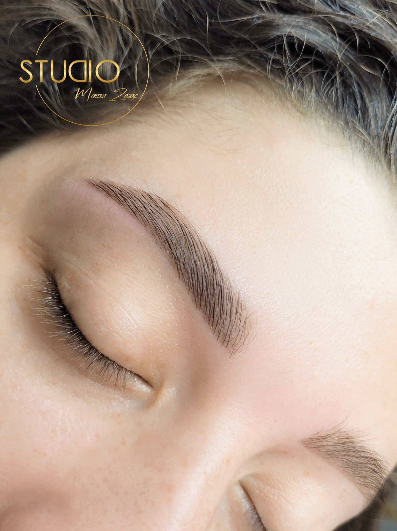 Makro zbliżenie na oko z idealnie wystylizowanymi, brązowymi brwiami po zabiegu microbladingu, widoczne logo studia w górnym rogu.