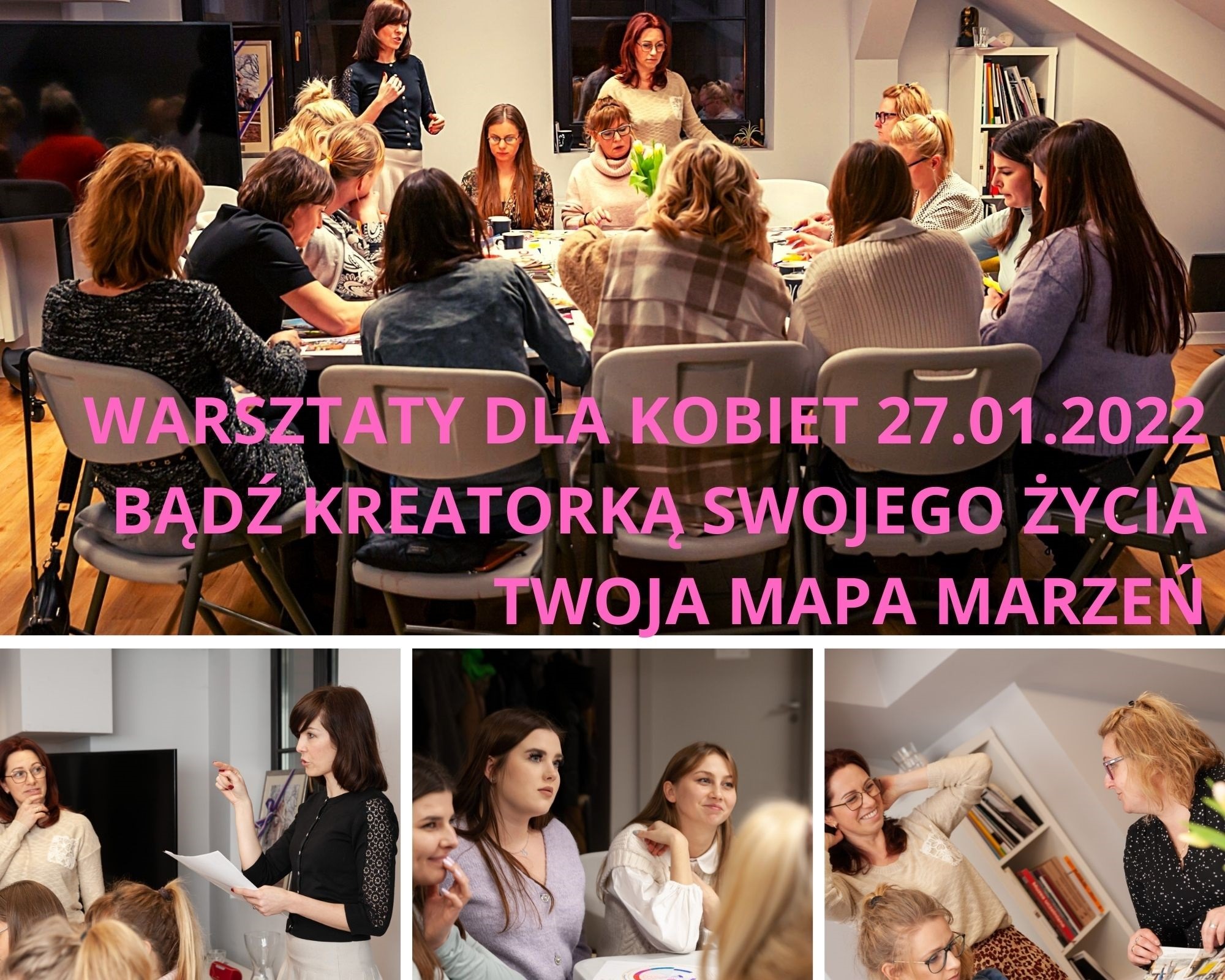 Warsztaty dla kobiet w Zielonce: grupa uczestniczek siedzi przy stole, tworząc mapy marzeń pod okiem dwóch prowadzących.