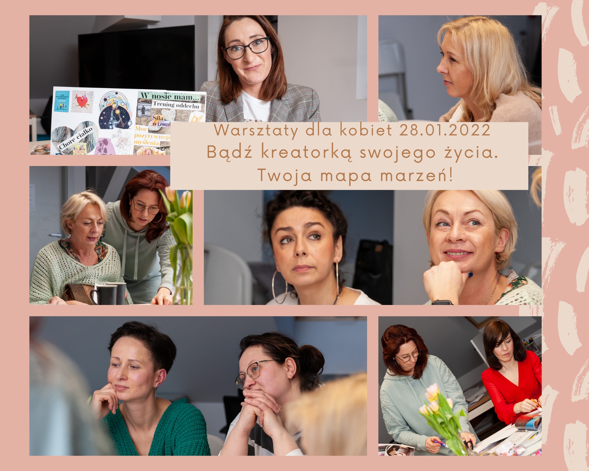 Uczestniczki warsztatów dla kobiet tworzą mapy marzeń, używając wycinków i kolaży, na stole wazon z tulipanami.