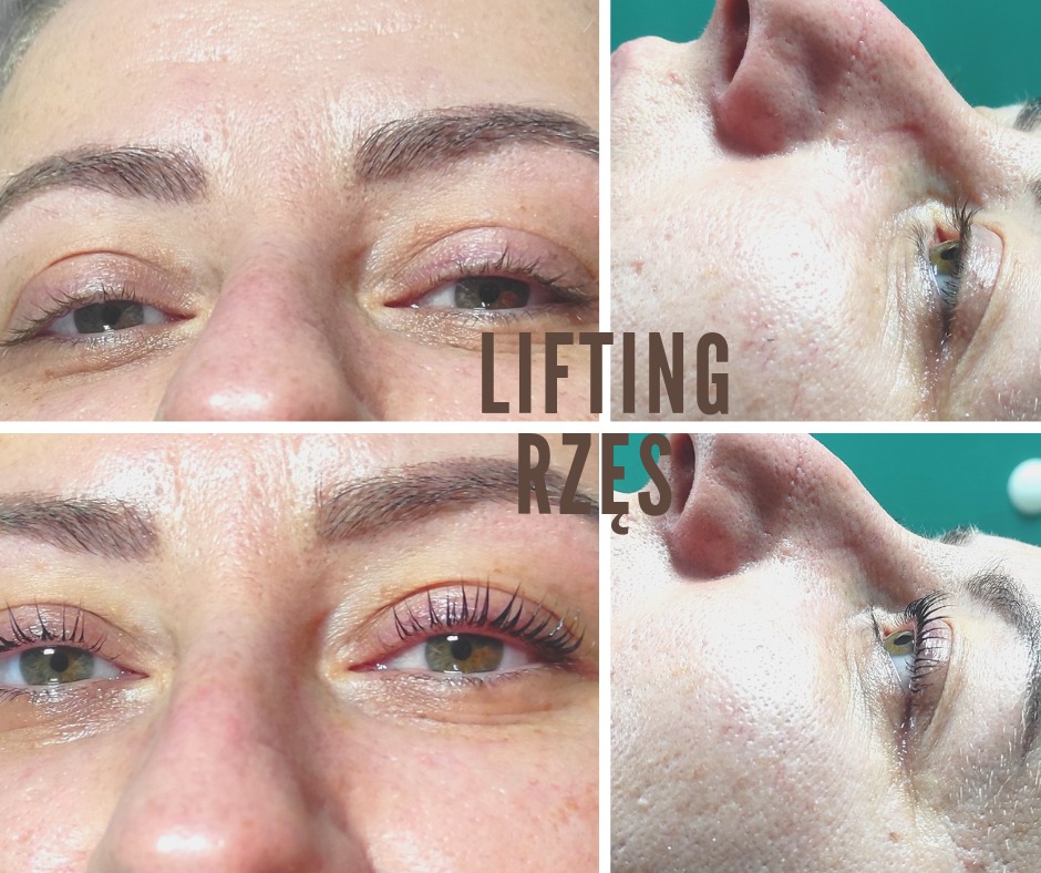 Lifting rzęs: porównanie wyglądu oczu przed i po zabiegu, widoczne wyraźne podkręcenie i pogrubienie rzęs, zbliżenie na twarz klientki.