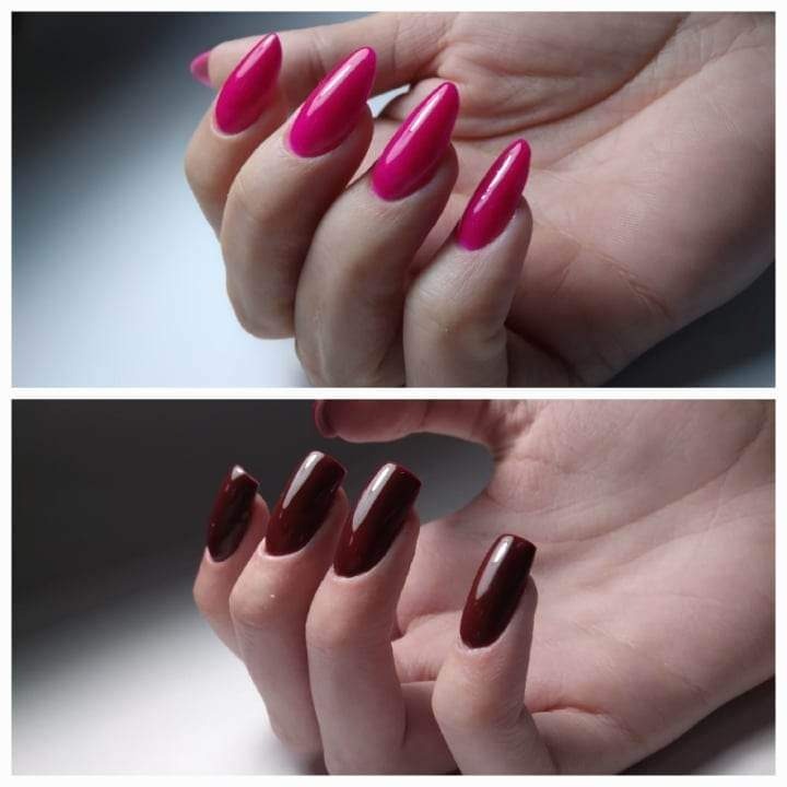 Dwa ujęcia dłoni z pomalowanymi paznokciami w salonie we Wrześni: u góry różowe, migdałowe, u dołu bordowe, kwadratowe.