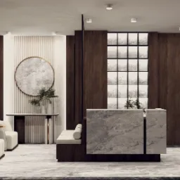 Poczekalnia i recepcja w gabinetach masażu.