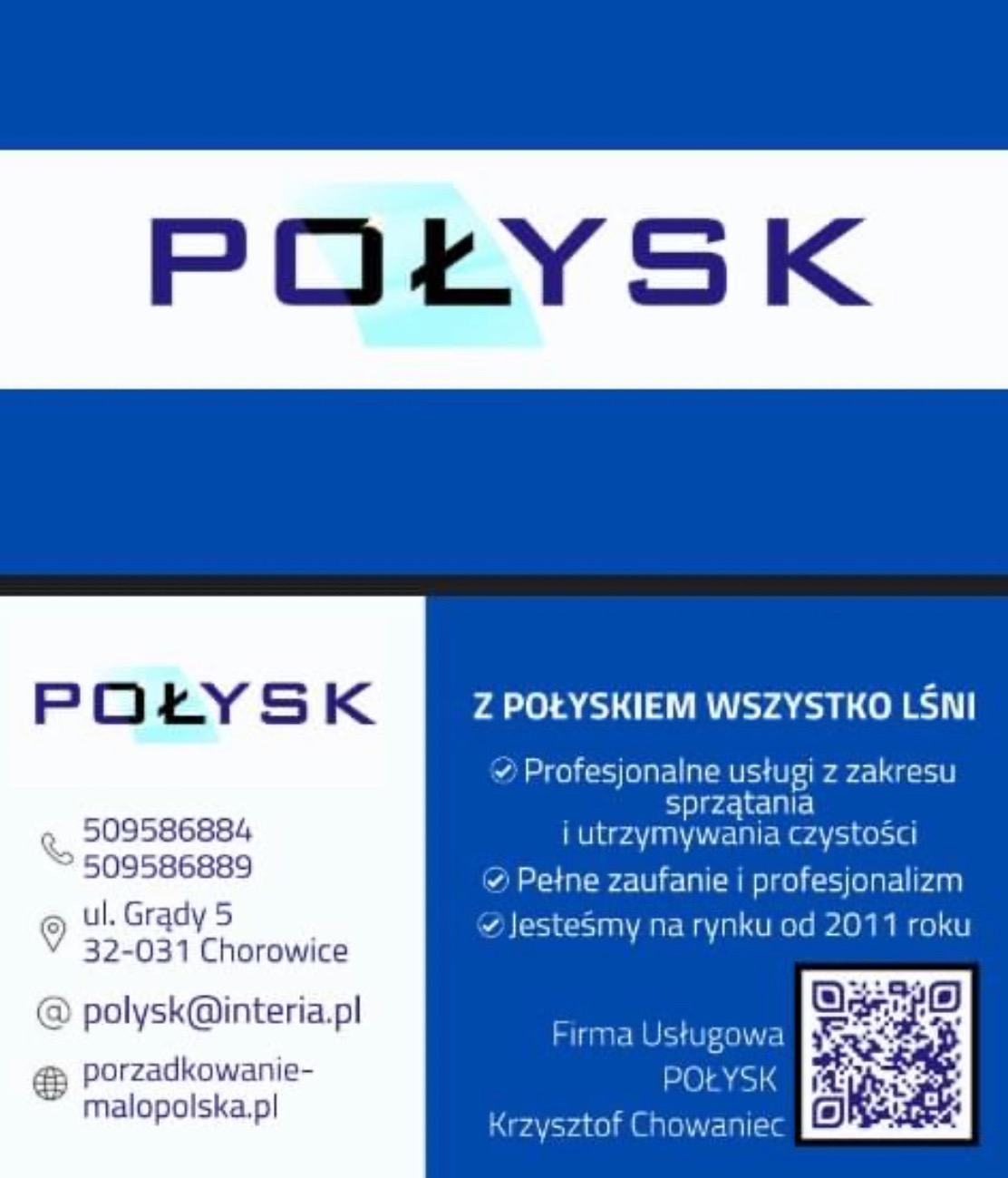Wizytówka firmy sprzątającej o nazwie 'Połysk' z logo, danymi kontaktowymi i hasłem 'Z Połyskiem wszystko lśni'.