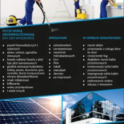 Kobieta w niebieskim kombinezonie odkurza podłogę, obok żółty odkurzacz, w tle drabina i mężczyzna czyszczący okno, grafika z ofertą firmy sprzątającej, panele słoneczne i budynek biurowy w dolnej...