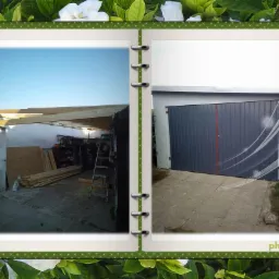 Fotografia w ramce prezentująca etapy budowy garażu: konstrukcja dachu z belek drewnianych i gotowa brama garażowa w kolorze grafitowym z czerwonymi akcentami na betonowym podjeździe.