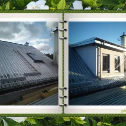 Dwa ujęcia dachu z blachy falistej: jedno z drabinką i oknem dachowym pod pochmurnym niebem, drugie z lukarną i kominem na tle błękitnego nieba. Zdjęcie w ozdobnej ramce z kwiatami.