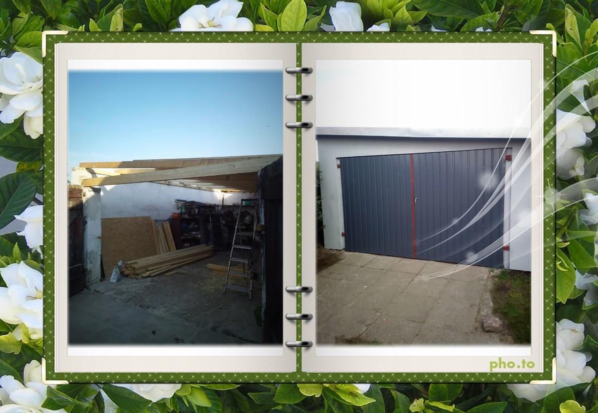 Fotografia w ramce prezentująca etapy budowy garażu: konstrukcja dachu z belek drewnianych i gotowa brama garażowa w kolorze grafitowym z czerwonymi akcentami na betonowym podjeździe.