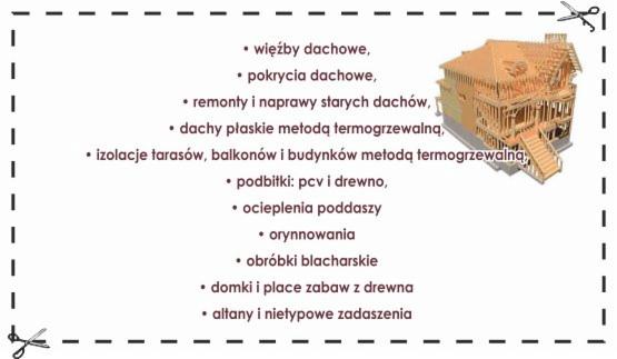 Ilustracja 3D drewnianej konstrukcji domu w trakcie budowy dachu, umieszczona obok listy usług dekarskich i budowlanych na białym tle z ozdobnymi nożyczkami w rogach.