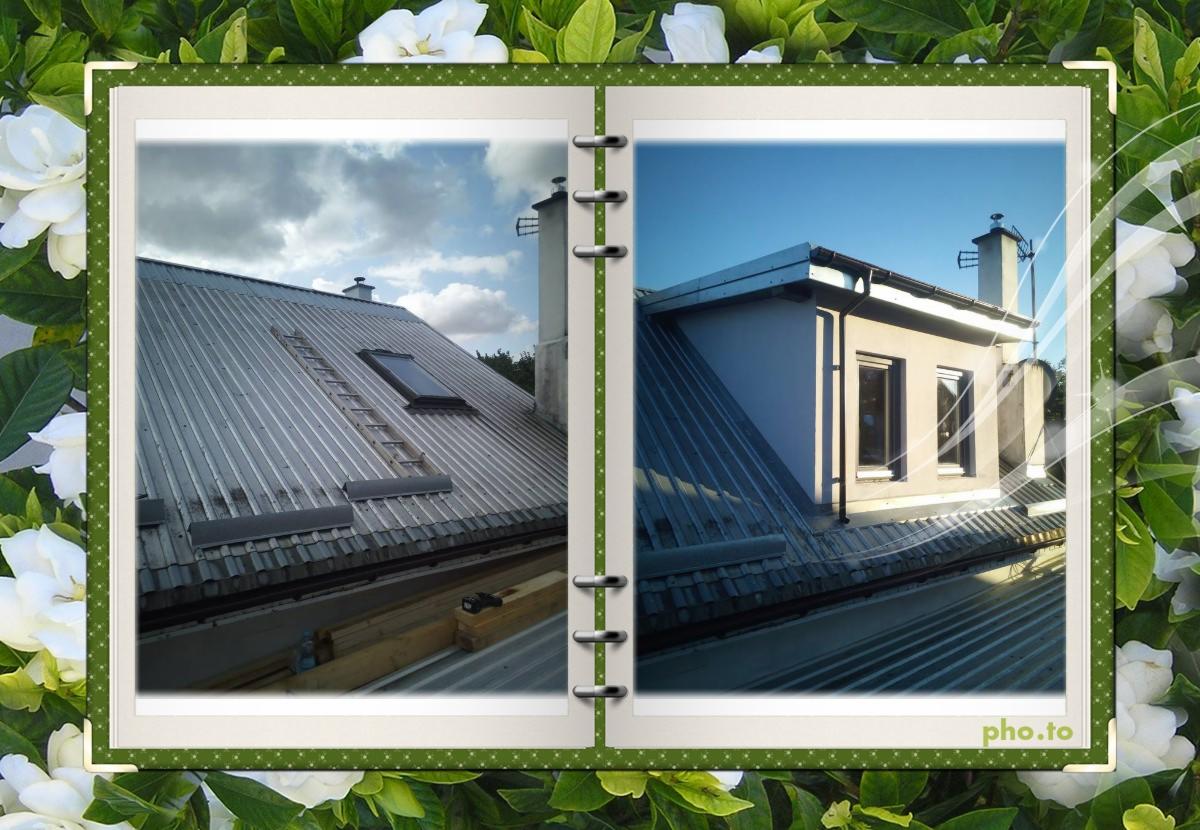 Dwa ujęcia dachu z blachy falistej: jedno z drabinką i oknem dachowym pod pochmurnym niebem, drugie z lukarną i kominem na tle błękitnego nieba. Zdjęcie w ozdobnej ramce z kwiatami.